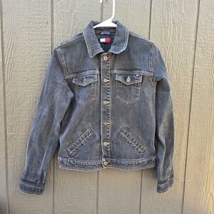 Tommy Hilfiger Denim Jacket Womens Size L G Dark Wash Button Front Trucker